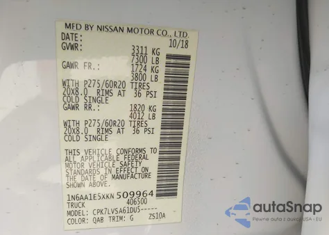 2019 Nissan Titan Sl из США, поврежденный, VIN 1N6AA1E5XKN509964